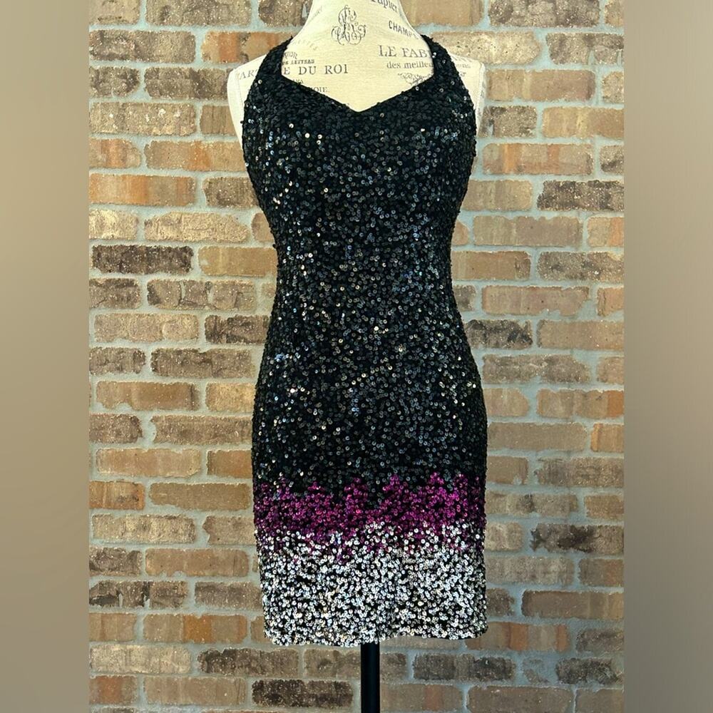 Vintage Scala fully beaded mini dress black pink silver statement sequin size 4